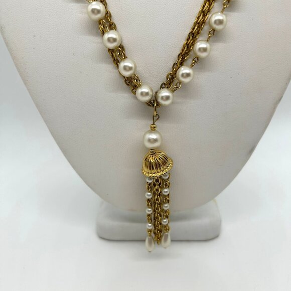 Vintage Faux Pearl Necklace Triple Strand Gold-Tone Chain Tassel Pendant 1970s - Picture 6 of 13
